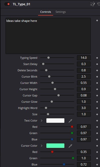 Typewriter Inspector settings